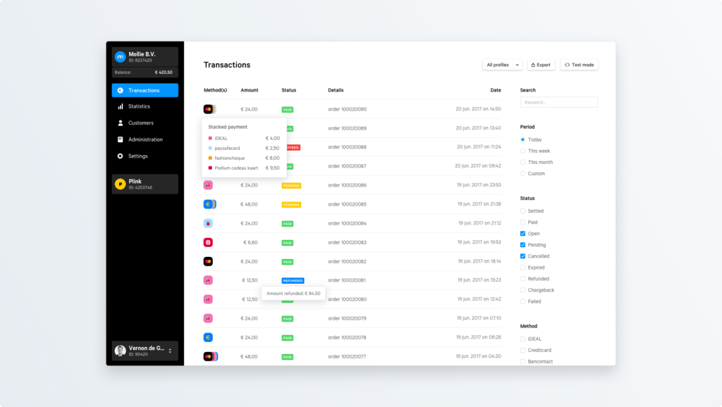 Mollie dashboard - partner van Webtify