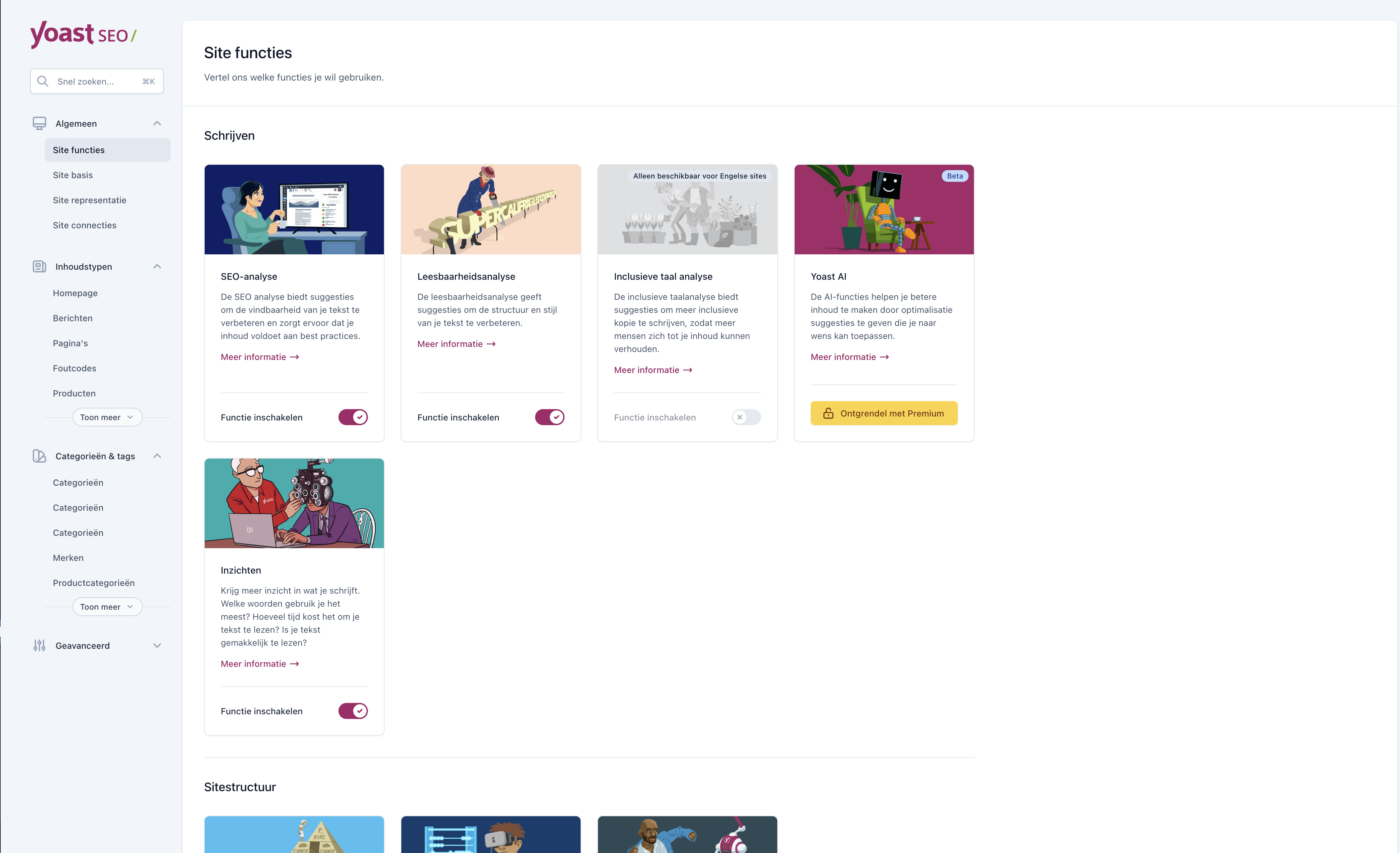 Yoast SEO dashboard voor instellingen Webtify