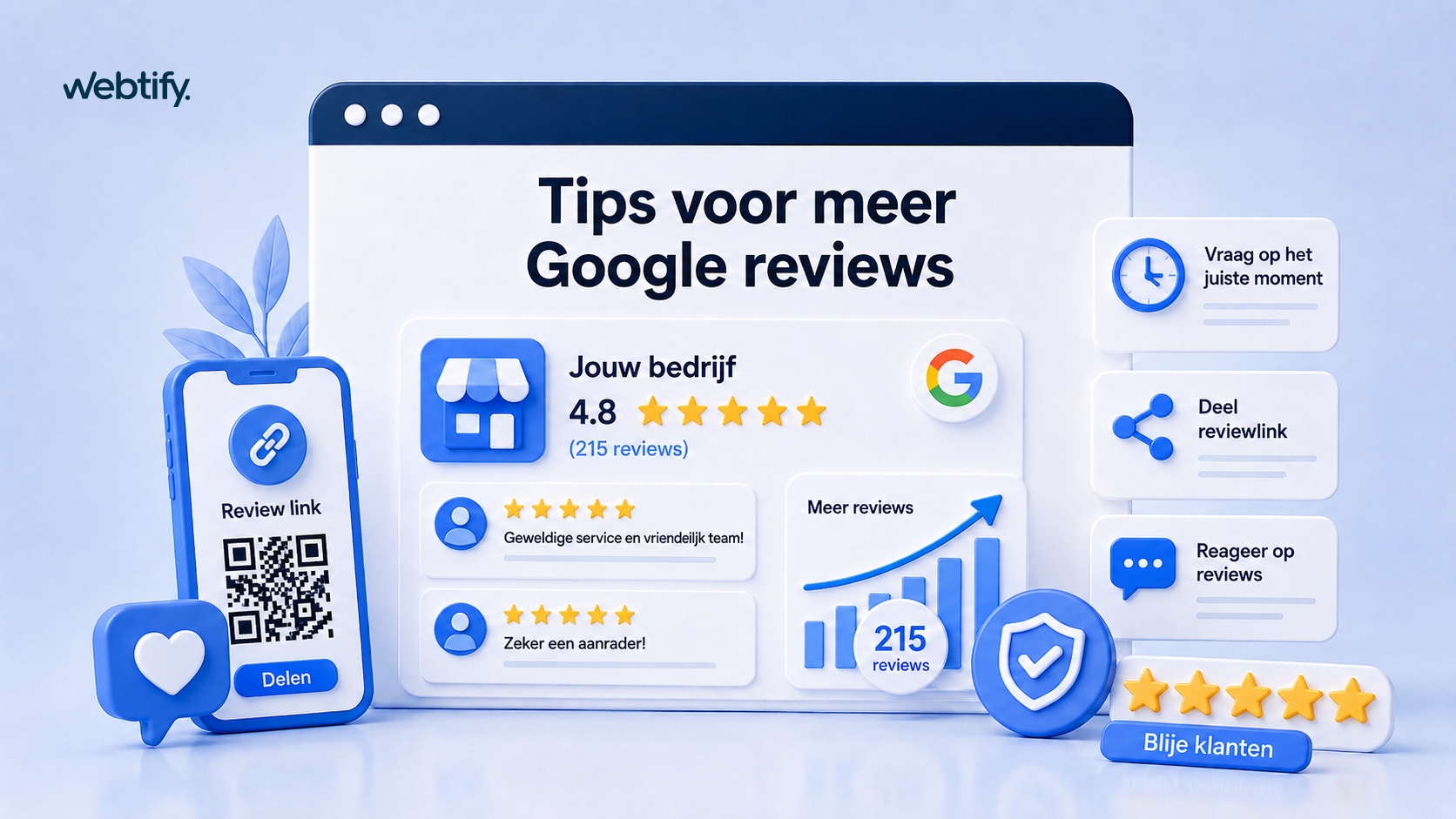Illustratie Webtify tips voor meer Google reviews.